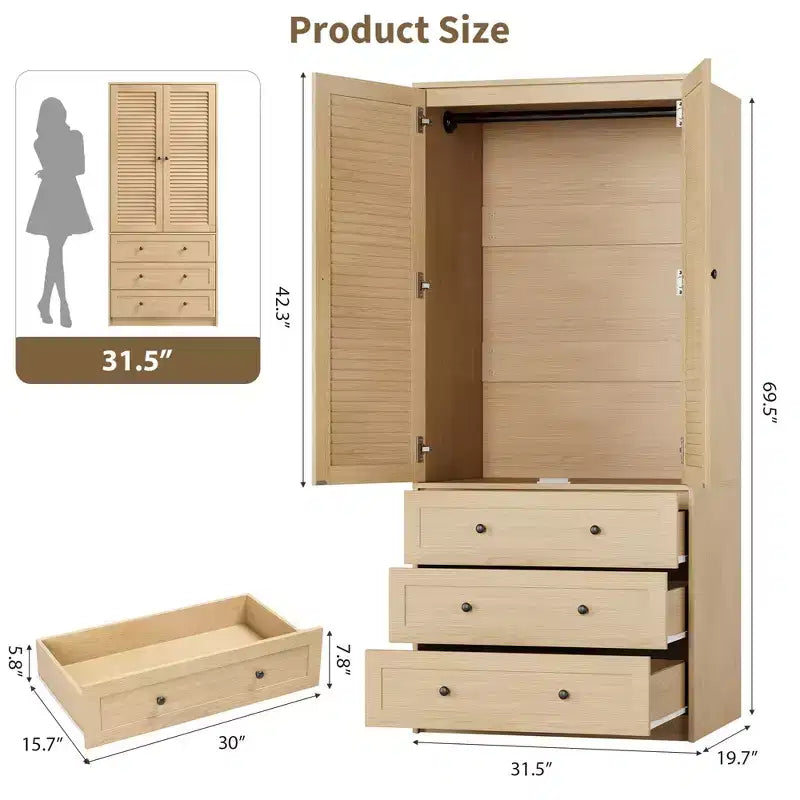 Armadio a Muro Indipendente con 3 Cassetti e 2 Ante, Armadio Moderno in Legno per Camera da Letto, Disponibile in Nero, Bianco, Colore Legno
