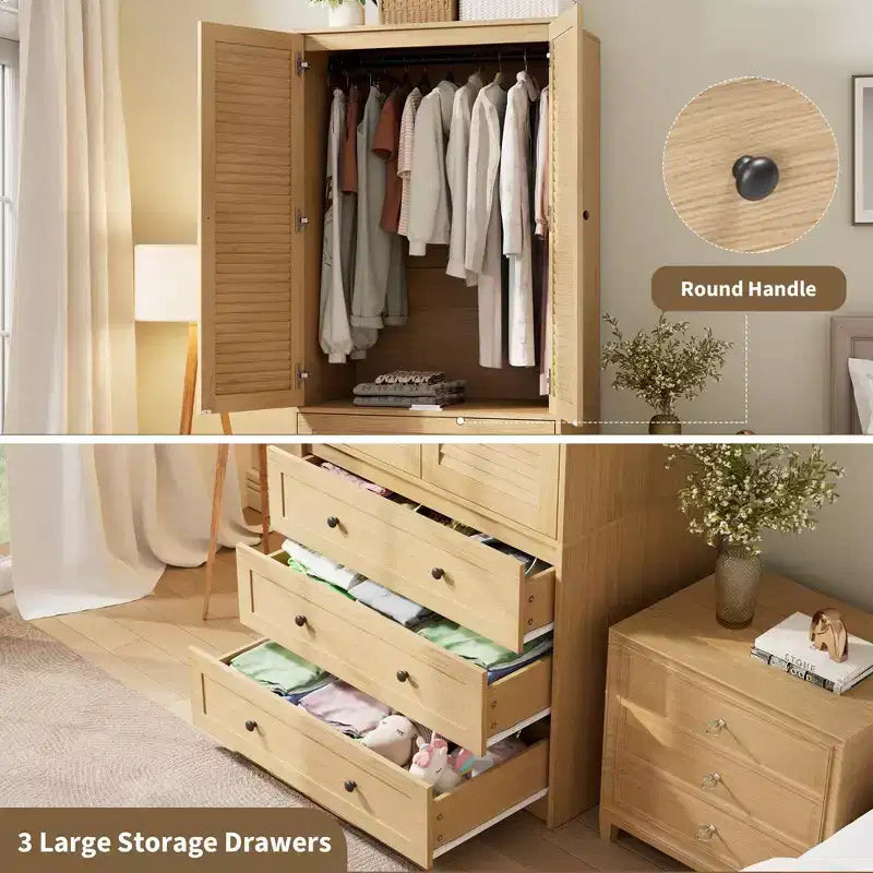 Armadio a Muro Indipendente con 3 Cassetti e 2 Ante, Armadio Moderno in Legno per Camera da Letto, Disponibile in Nero, Bianco, Colore Legno
