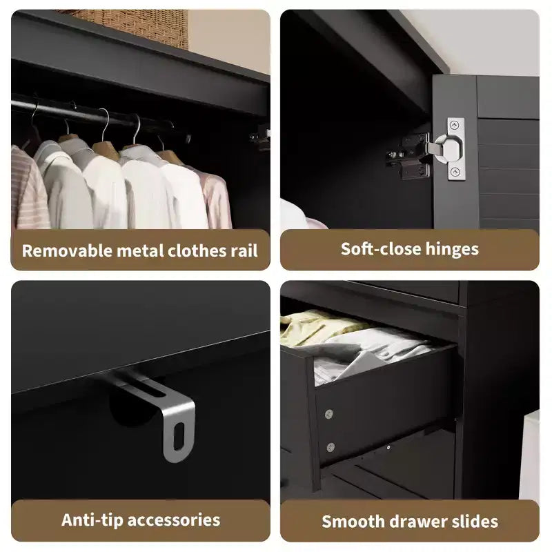 Armadio a Muro Indipendente con 3 Cassetti e 2 Ante, Armadio Moderno in Legno per Camera da Letto, Disponibile in Nero, Bianco, Colore Legno