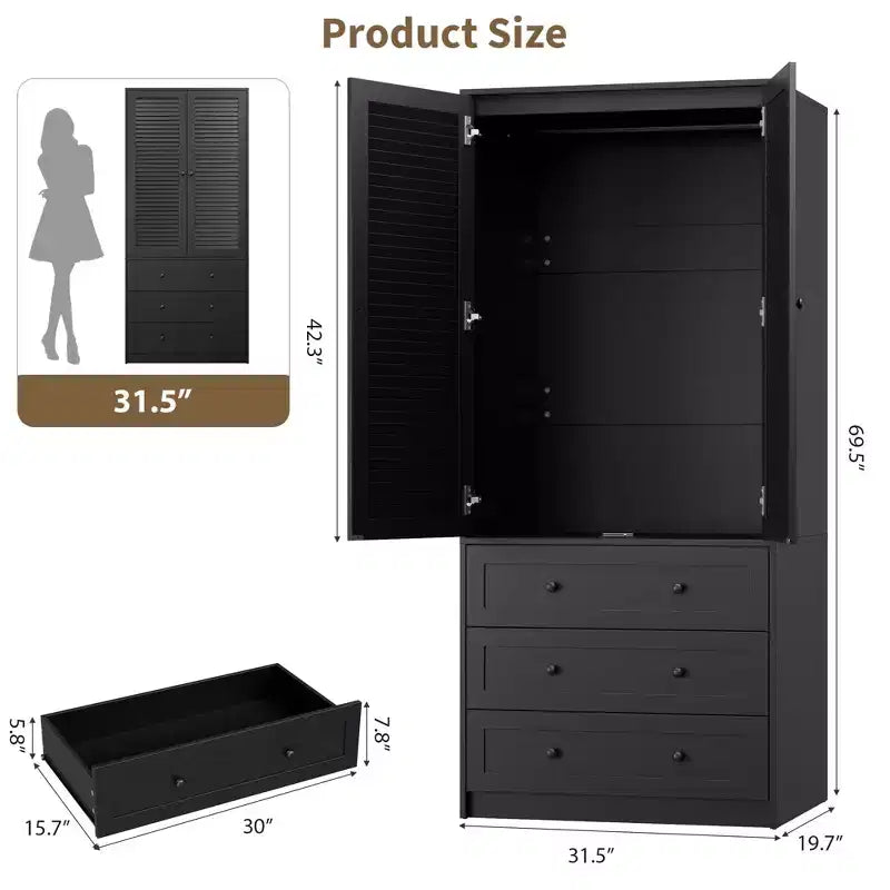 Armadio a Muro Indipendente con 3 Cassetti e 2 Ante, Armadio Moderno in Legno per Camera da Letto, Disponibile in Nero, Bianco, Colore Legno
