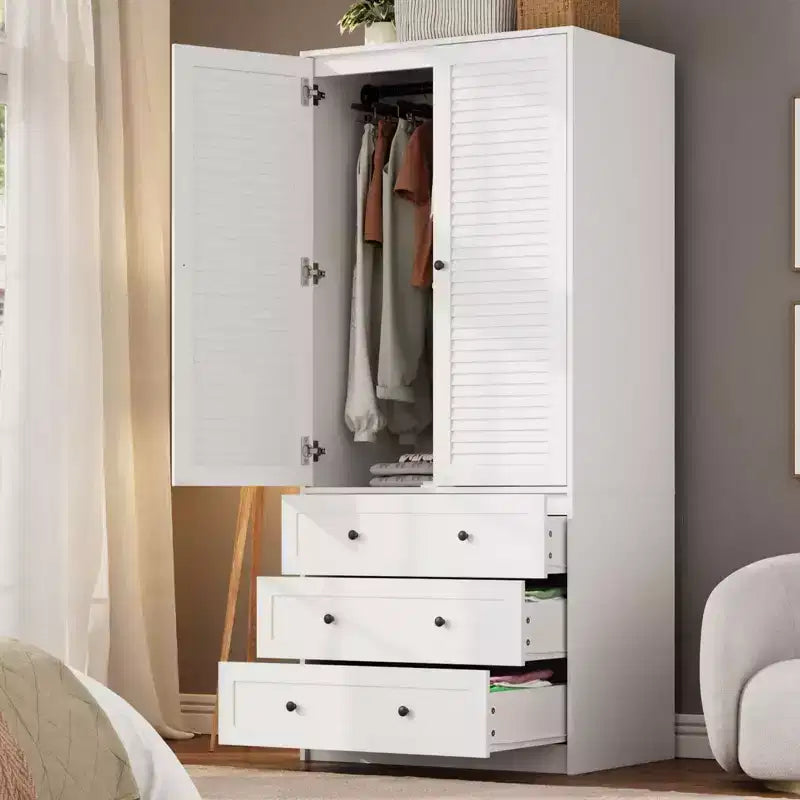 Armadio a Muro Indipendente con 3 Cassetti e 2 Ante, Armadio Moderno in Legno per Camera da Letto, Disponibile in Nero, Bianco, Colore Legno
