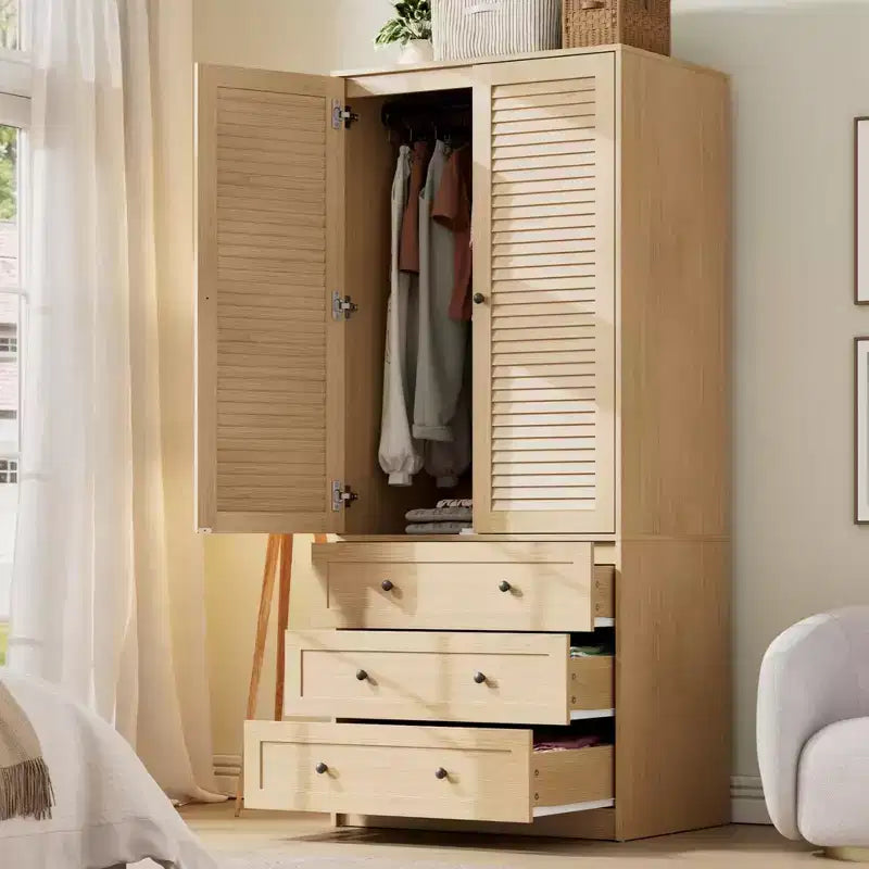 Armadio a Muro Indipendente con 3 Cassetti e 2 Ante, Armadio Moderno in Legno per Camera da Letto, Disponibile in Nero, Bianco, Colore Legno