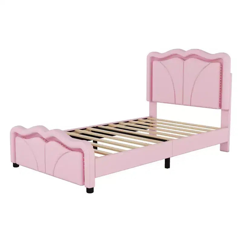 Letto imbottito con piattaforma, testiera curva e striscia LED (singolo/matrimoniale)