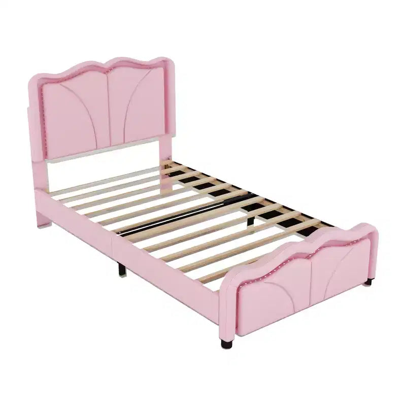 Letto imbottito con piattaforma, testiera curva e striscia LED (singolo/matrimoniale)