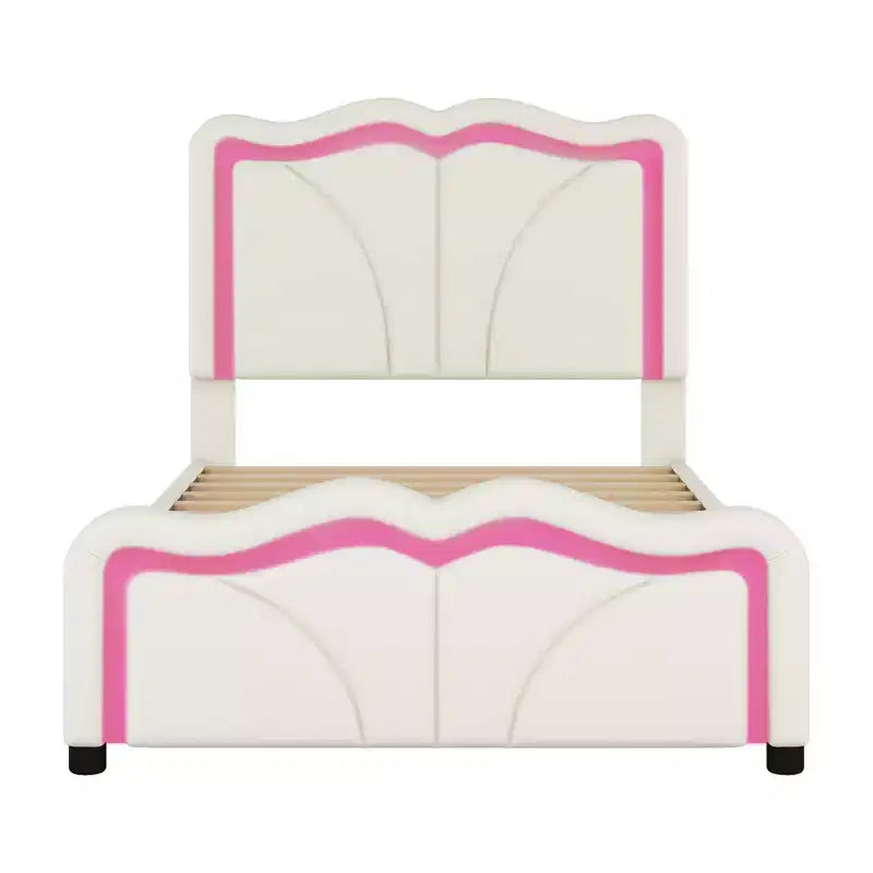 Letto imbottito con piattaforma, testiera curva e striscia LED (singolo/matrimoniale)