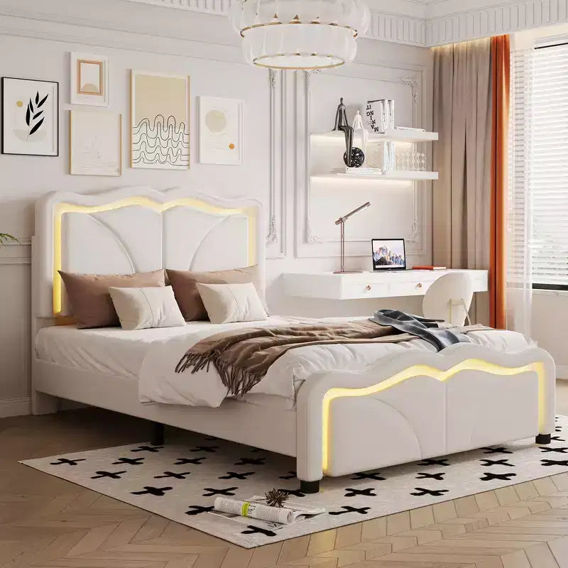 Letto imbottito con piattaforma, testiera curva e striscia LED (singolo/matrimoniale)