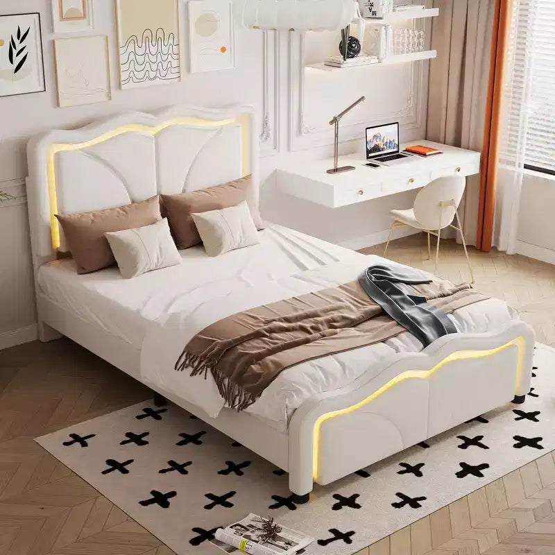 Letto imbottito con piattaforma, testiera curva e striscia LED (singolo/matrimoniale)