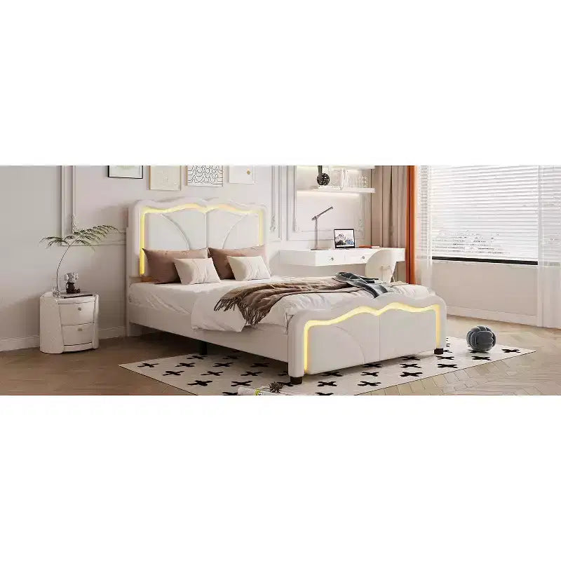 Letto imbottito con piattaforma, testiera curva e striscia LED (singolo/matrimoniale)