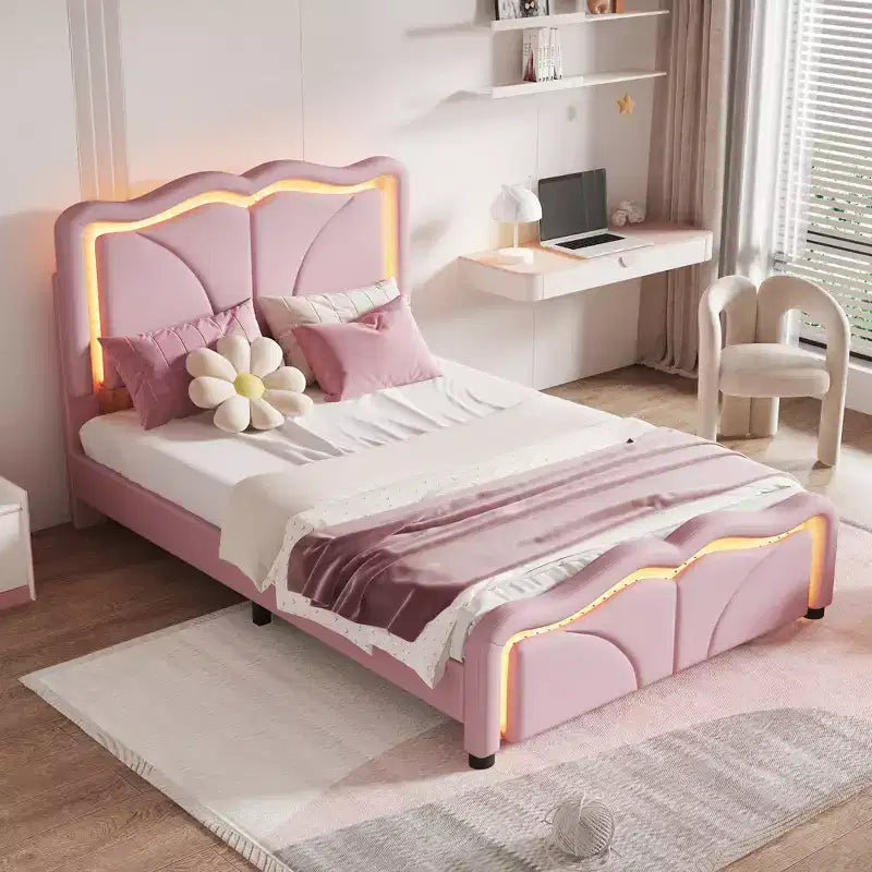 Letto imbottito con piattaforma, testiera curva e striscia LED (singolo/matrimoniale)