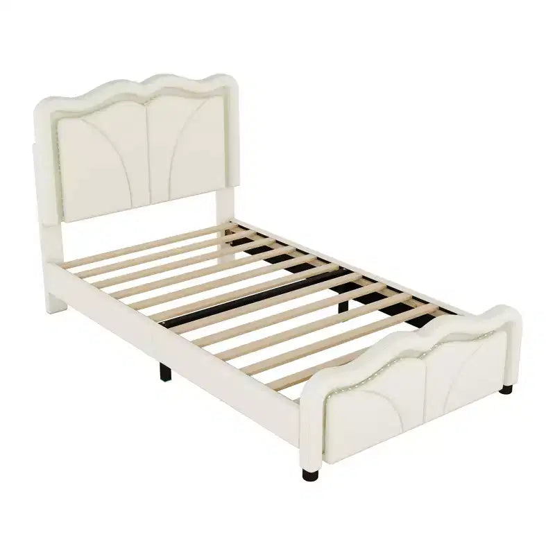 Letto imbottito con piattaforma, testiera curva e striscia LED (singolo/matrimoniale)