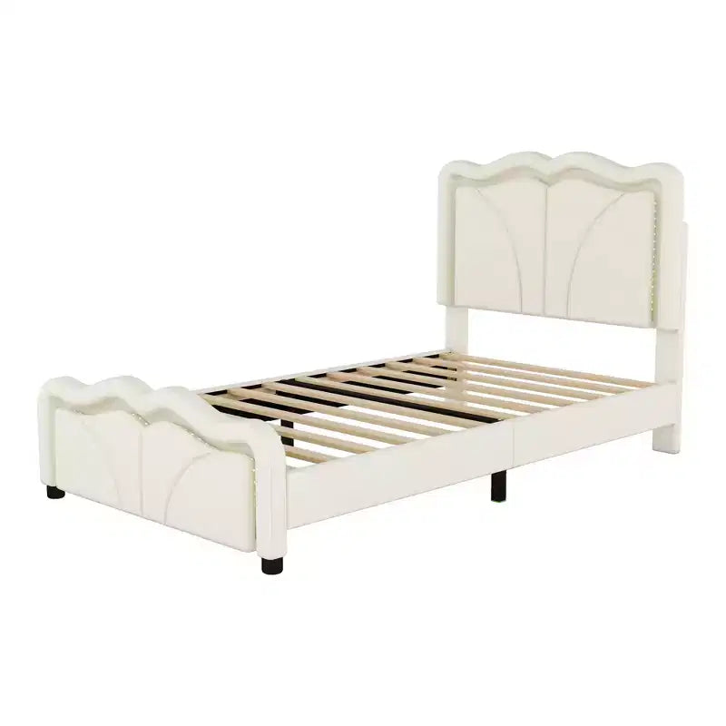 Letto imbottito con piattaforma, testiera curva e striscia LED (singolo/matrimoniale)