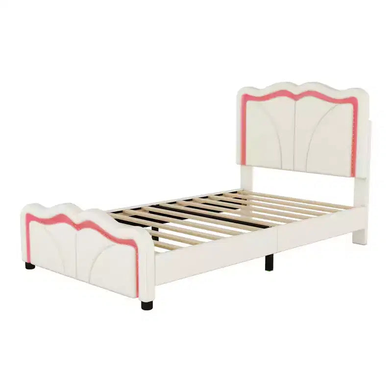 Letto imbottito con piattaforma, testiera curva e striscia LED (singolo/matrimoniale)