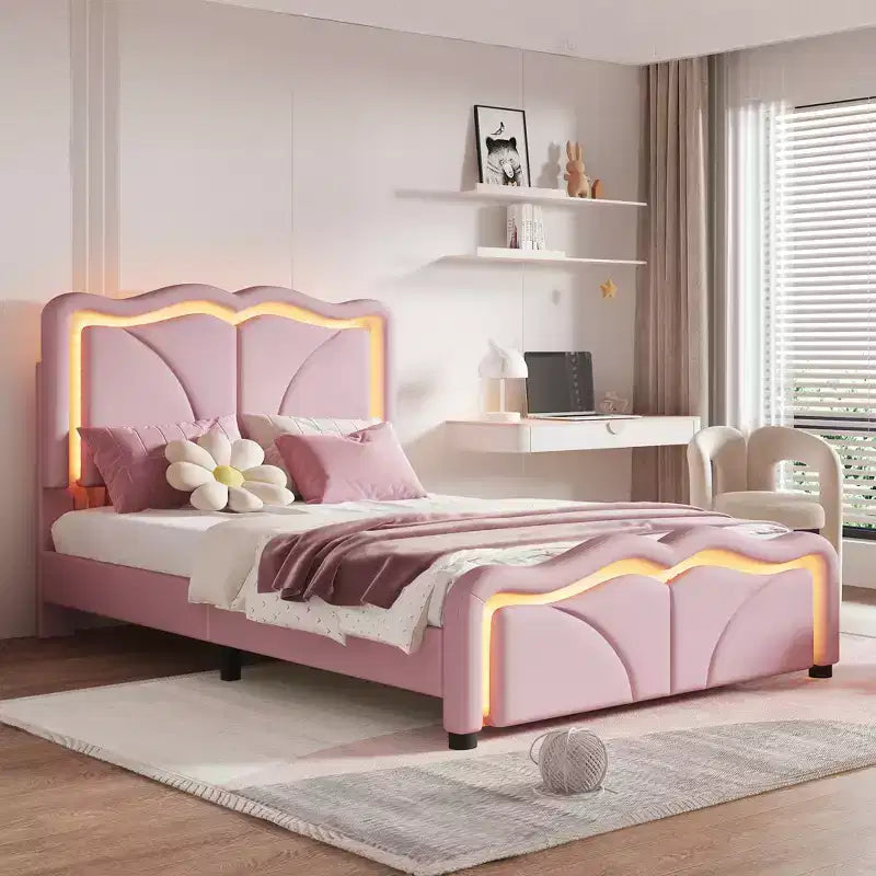 Letto imbottito con piattaforma, testiera curva e striscia LED (singolo/matrimoniale)