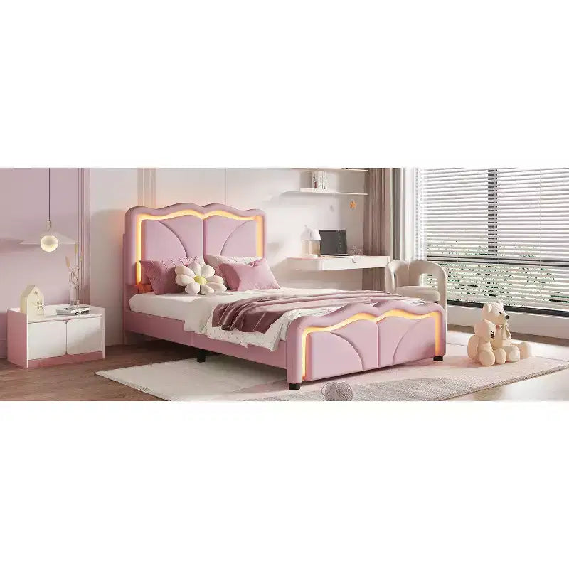 Letto imbottito con piattaforma, testiera curva e striscia LED (singolo/matrimoniale)