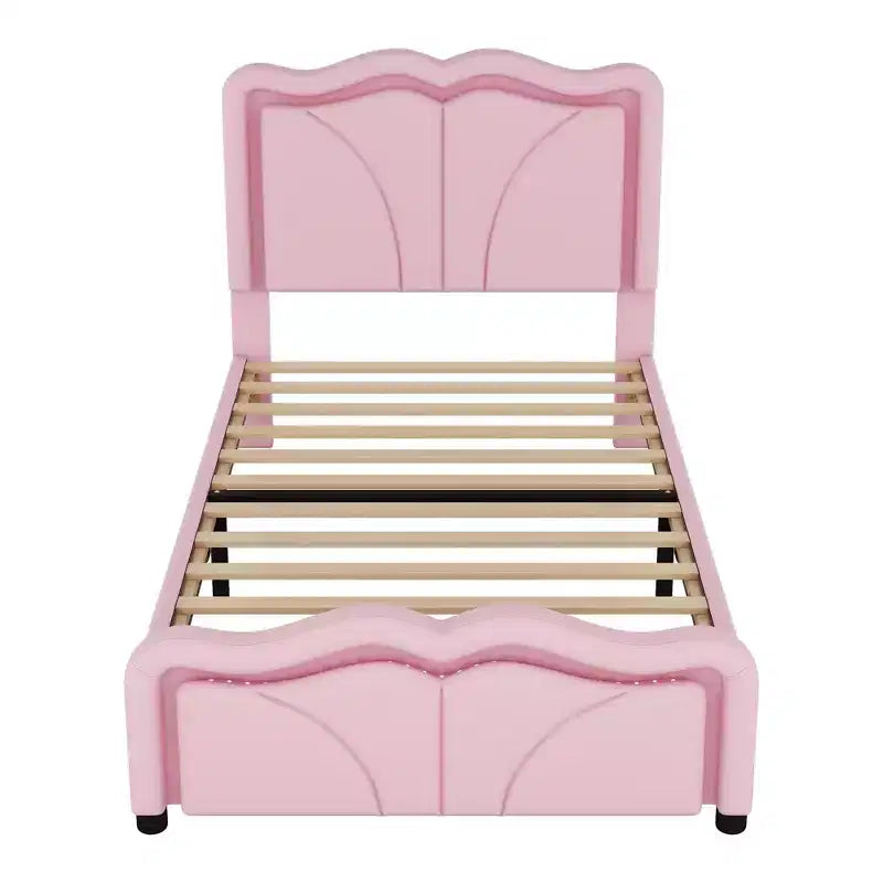 Letto imbottito con piattaforma, testiera curva e striscia LED (singolo/matrimoniale)
