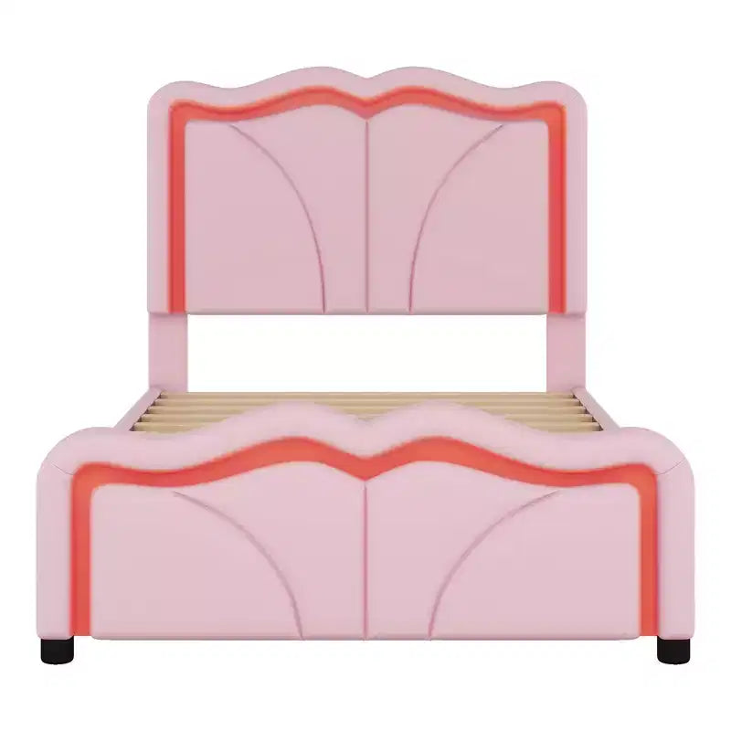 Letto imbottito con piattaforma, testiera curva e striscia LED (singolo/matrimoniale)