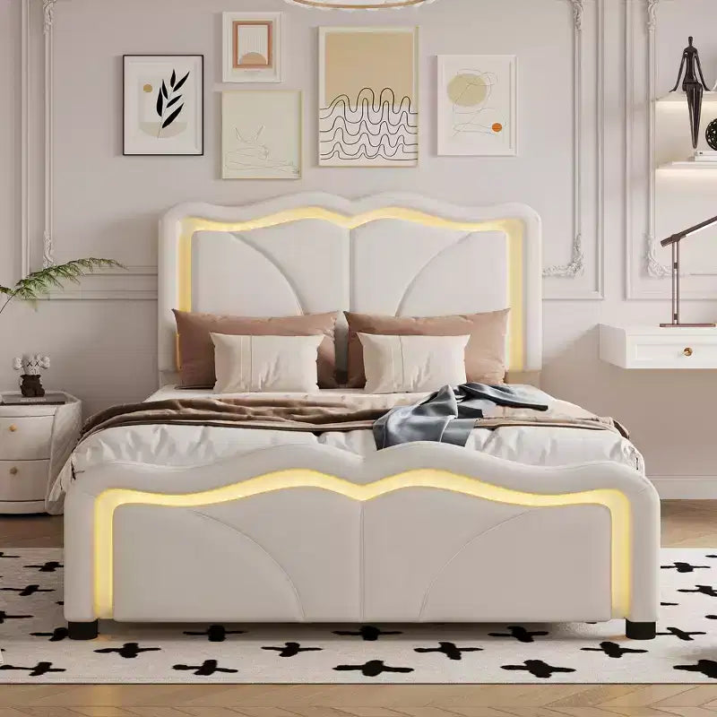 Letto imbottito con piattaforma, testiera curva e striscia LED (singolo/matrimoniale)