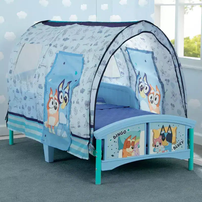 Lettino con Tenda per Bambini con Sponde di Sicurezza Integrate e Tenda in Tessuto, Telaio in Plastica, Adatto a Materasso per Bambini Standard