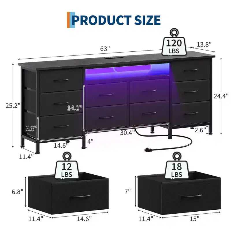 Comò da 160 cm con 10 cassetti in tessuto, presa di corrente, luce LED e supporto TV