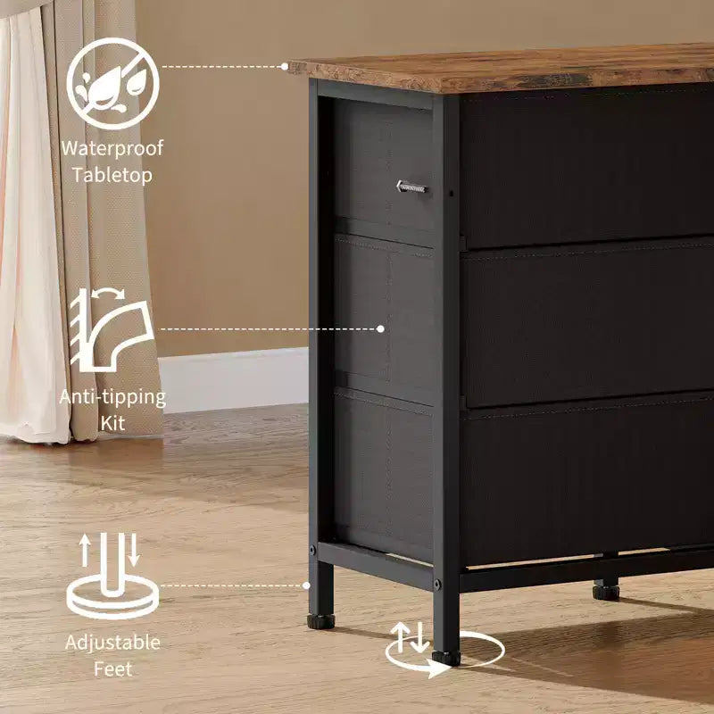 Comò da 160 cm con 10 cassetti in tessuto, presa di corrente, luce LED e supporto TV