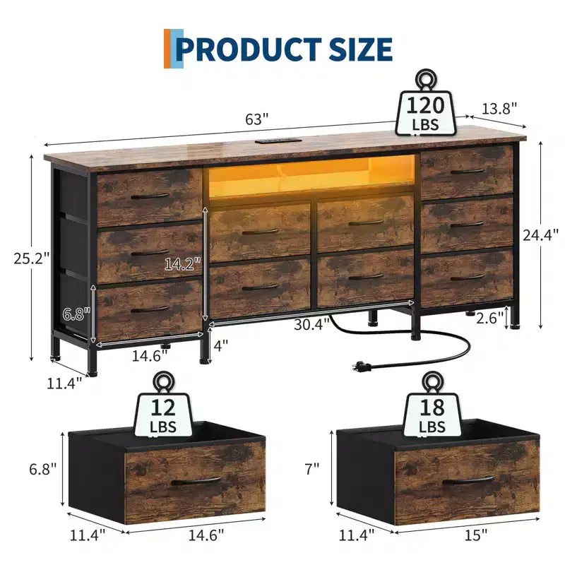 Comò da 160 cm con 10 cassetti in tessuto, presa di corrente, luce LED e supporto TV