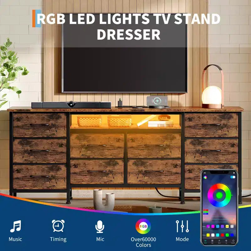 Comò da 160 cm con 10 cassetti in tessuto, presa di corrente, luce LED e supporto TV