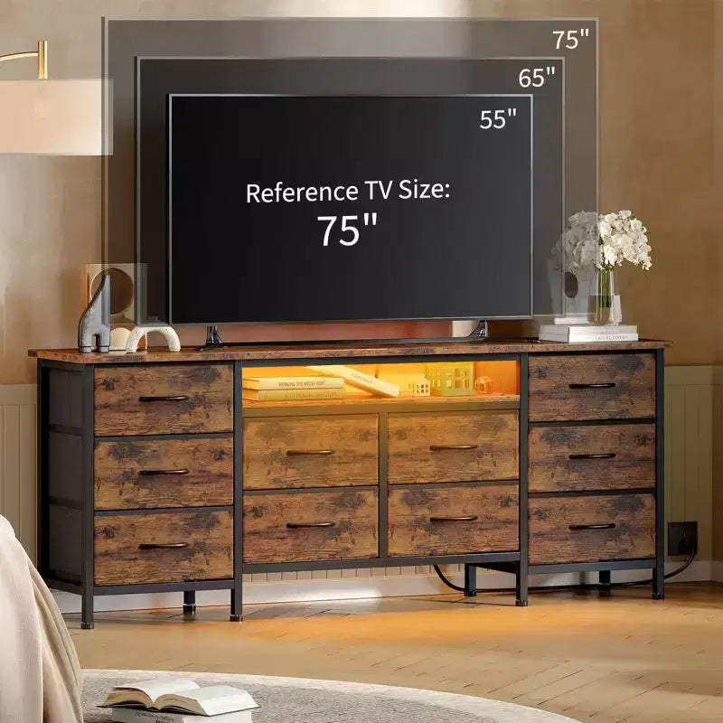 Comò da 160 cm con 10 cassetti in tessuto, presa di corrente, luce LED e supporto TV