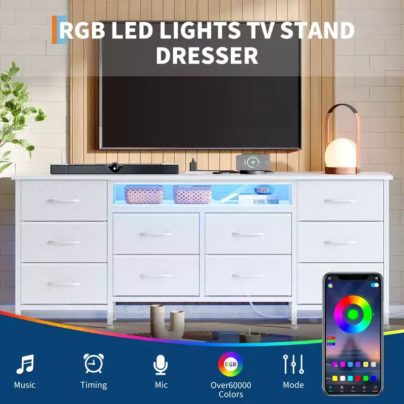 Comò da 160 cm con 10 cassetti in tessuto, presa di corrente, luce LED e supporto TV