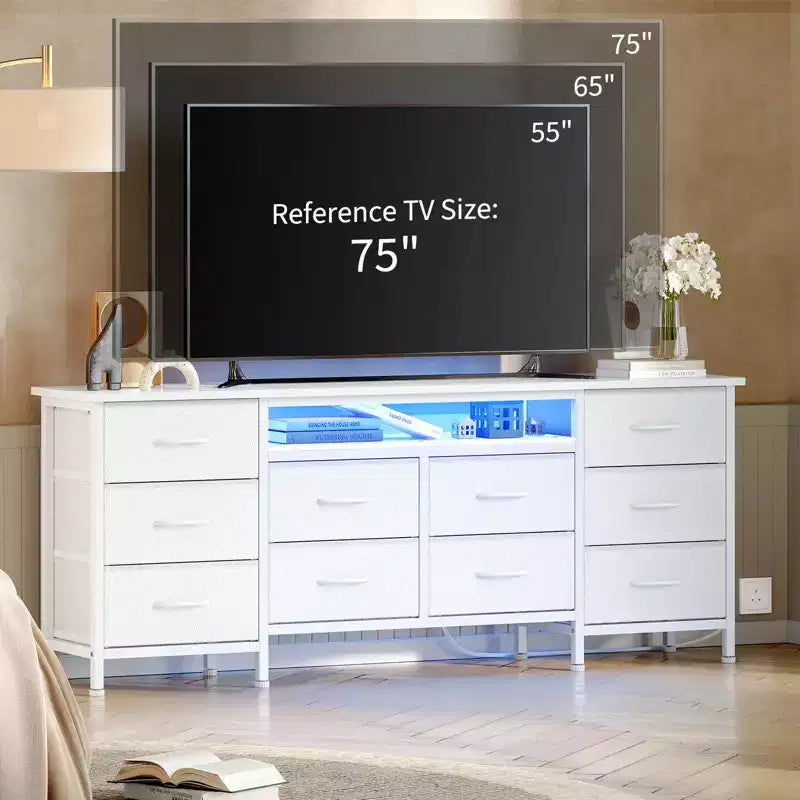 Comò da 160 cm con 10 cassetti in tessuto, presa di corrente, luce LED e supporto TV