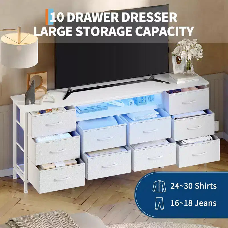 Comò da 160 cm con 10 cassetti in tessuto, presa di corrente, luce LED e supporto TV