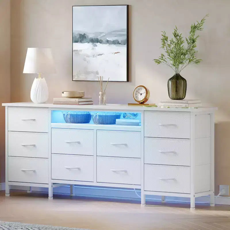 Comò da 160 cm con 10 cassetti in tessuto, presa di corrente, luce LED e supporto TV