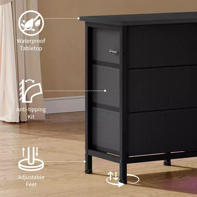 Comò da 160 cm con 10 cassetti in tessuto, presa di corrente, luce LED e supporto TV