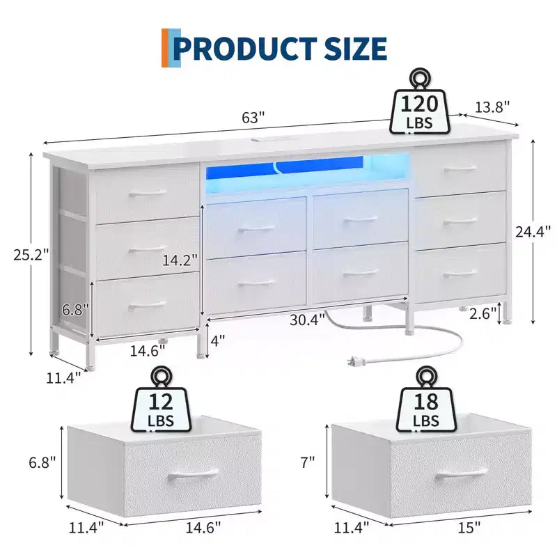 Comò da 160 cm con 10 cassetti in tessuto, presa di corrente, luce LED e supporto TV