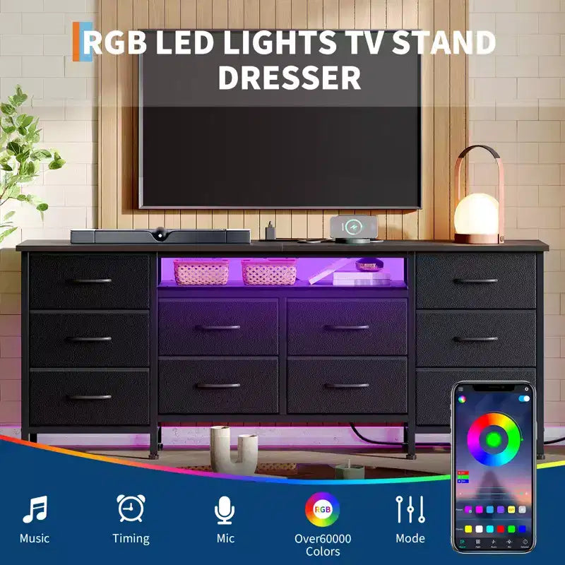 Comò da 160 cm con 10 cassetti in tessuto, presa di corrente, luce LED e supporto TV