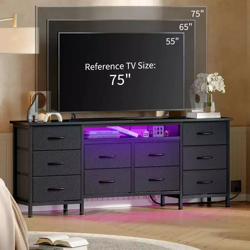 Comò da 160 cm con 10 cassetti in tessuto, presa di corrente, luce LED e supporto TV