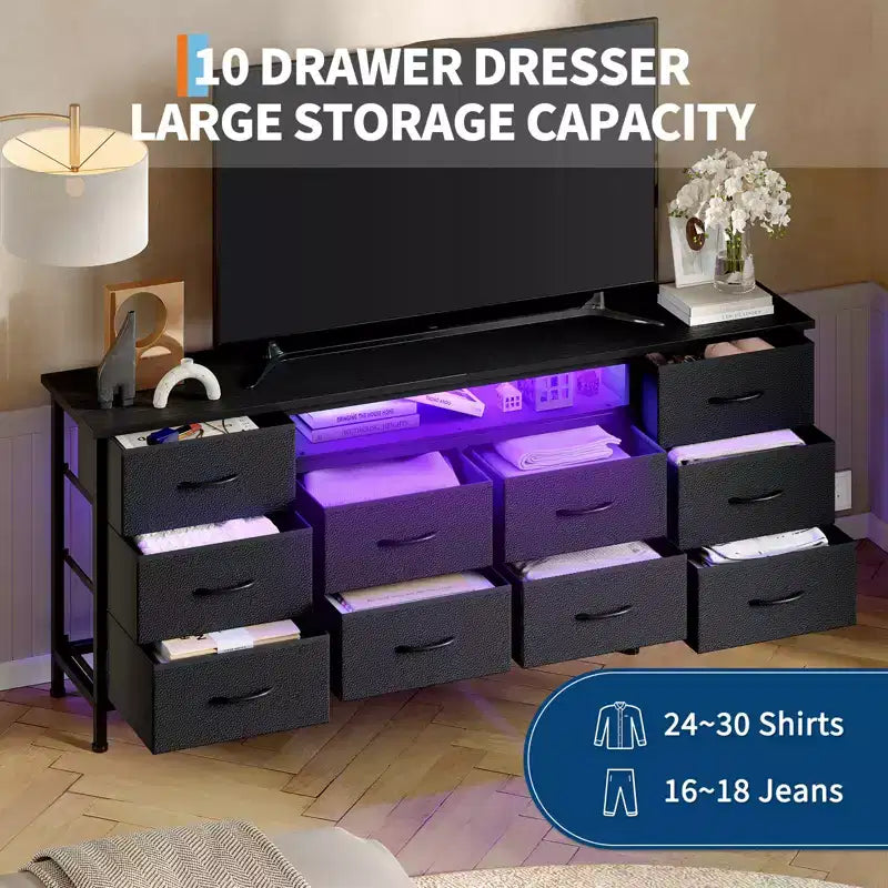 Comò da 160 cm con 10 cassetti in tessuto, presa di corrente, luce LED e supporto TV