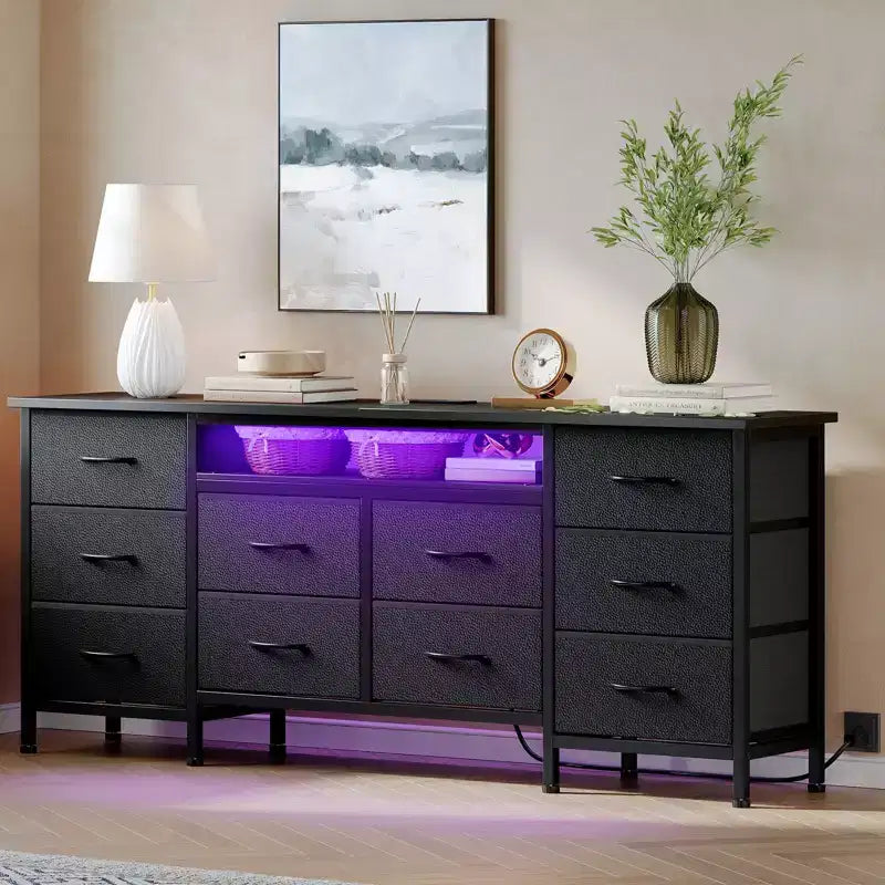 Comò da 160 cm con 10 cassetti in tessuto, presa di corrente, luce LED e supporto TV