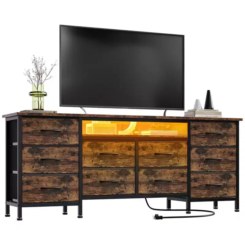 Comò da 160 cm con 10 cassetti in tessuto, presa di corrente, luce LED e supporto TV