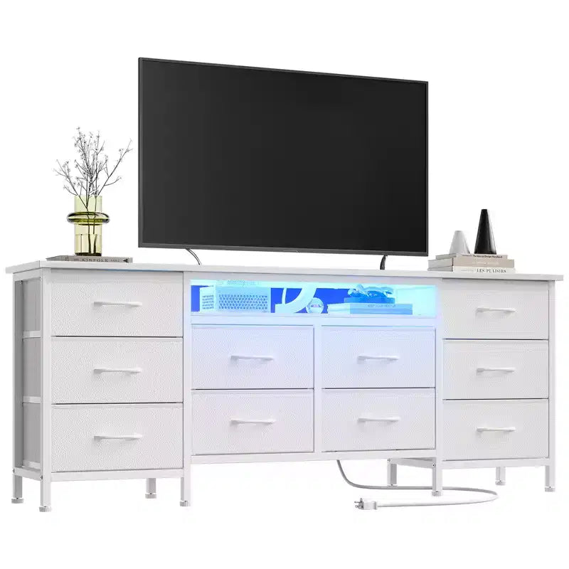Comò da 160 cm con 10 cassetti in tessuto, presa di corrente, luce LED e supporto TV