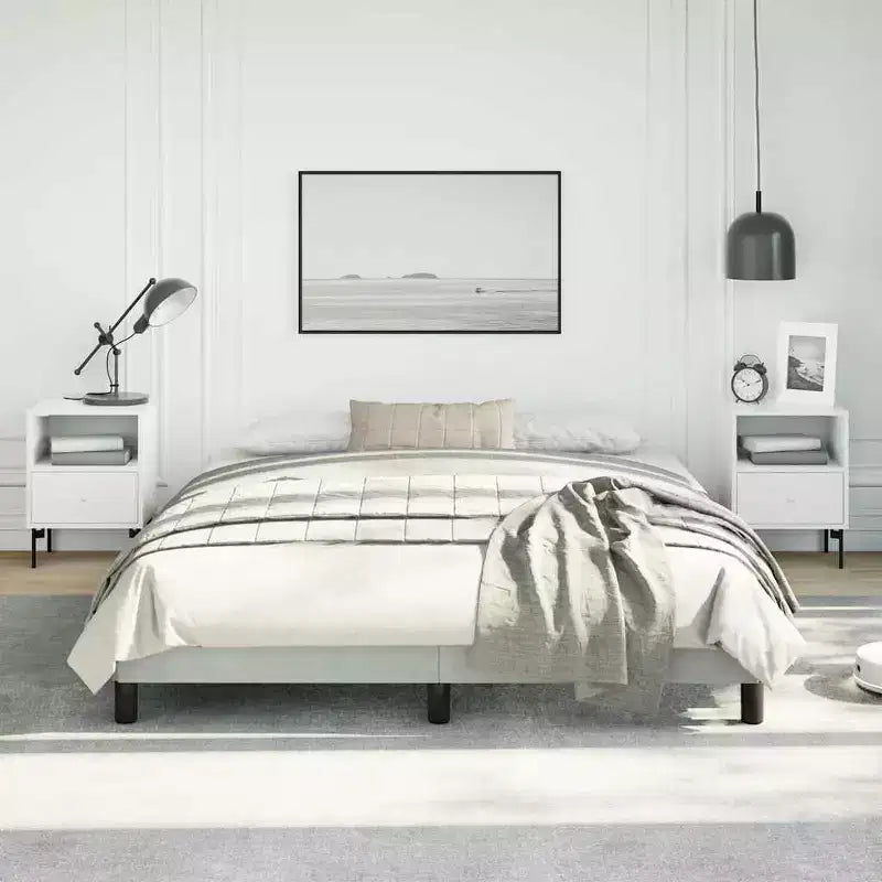Struttura letto a piattaforma matrimoniale queen size con rivestimento in velluto, grigio chiaro