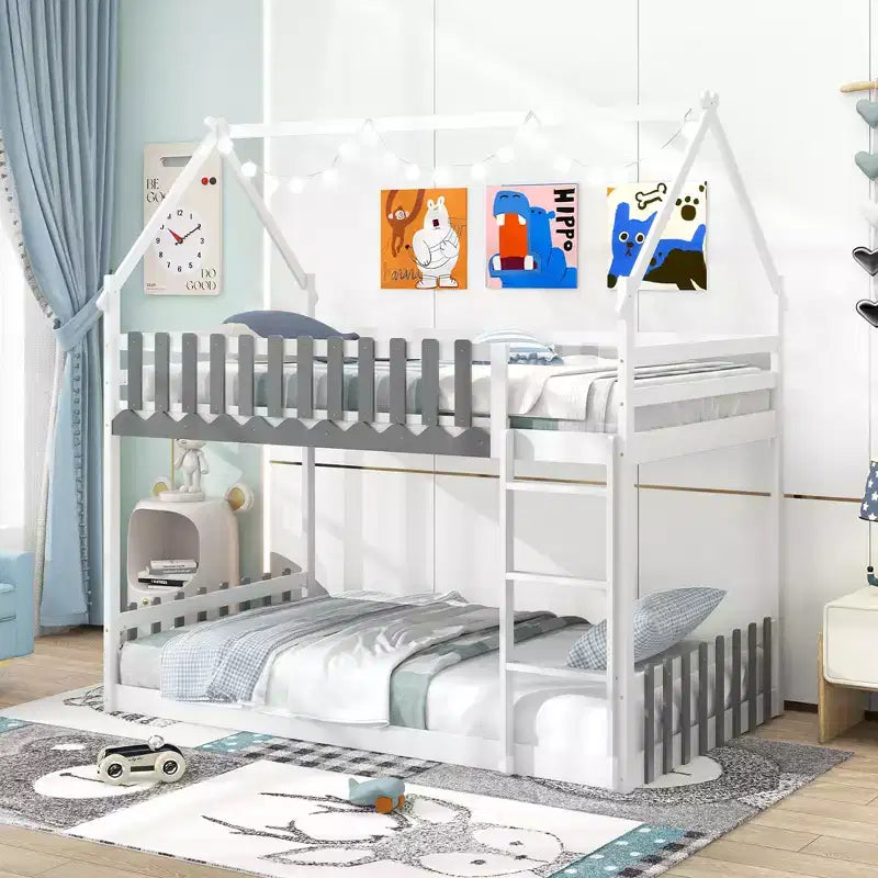 Letto a castello in legno massello con recinzione e scaletta, bianco, 79"A x 77.5"L x 47"P, per bambini