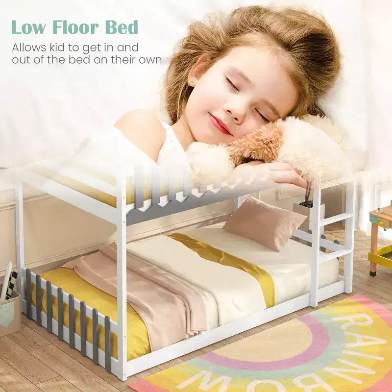 Letto a castello in legno massello con recinzione e scaletta, bianco, 79"A x 77.5"L x 47"P, per bambini