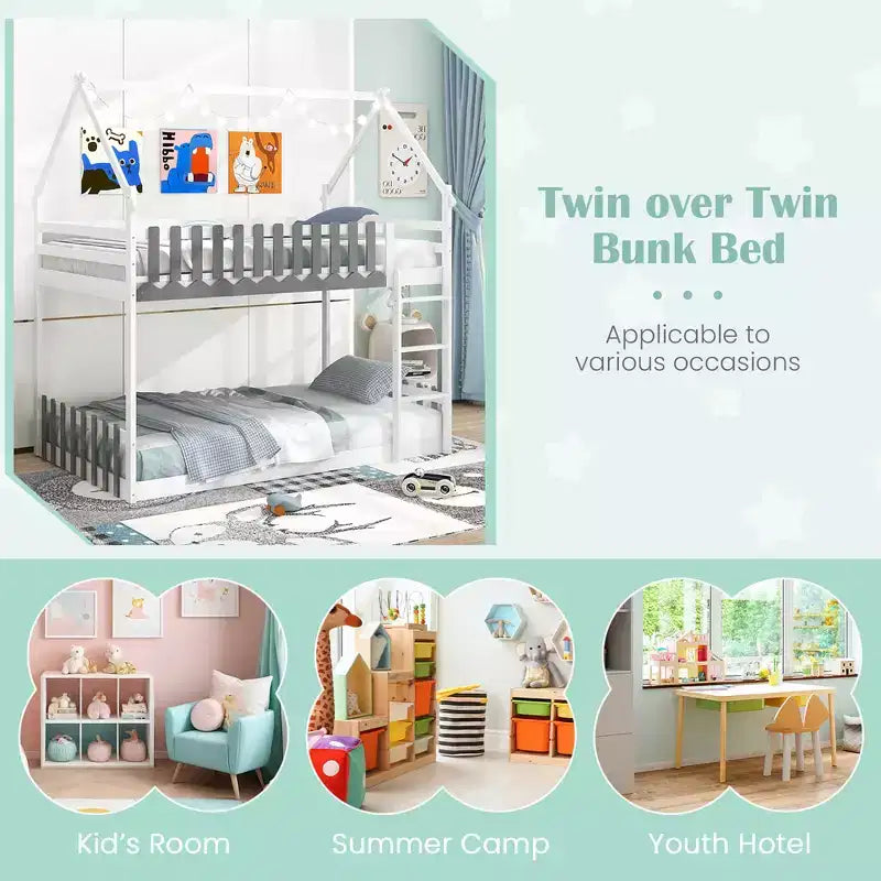 Letto a castello in legno massello con recinzione e scaletta, bianco, 79"A x 77.5"L x 47"P, per bambini