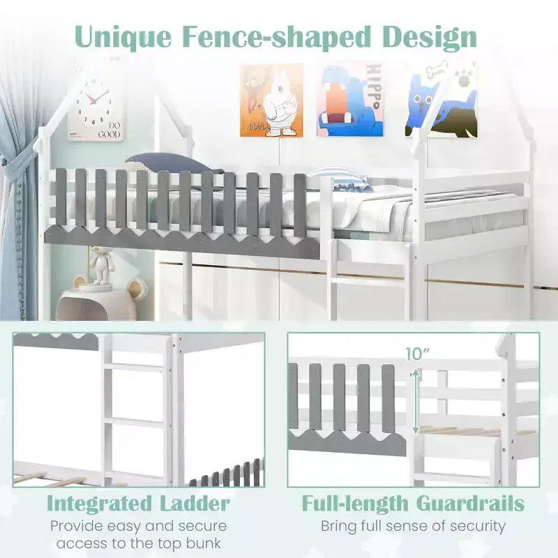 Letto a castello in legno massello con recinzione e scaletta, bianco, 79"A x 77.5"L x 47"P, per bambini