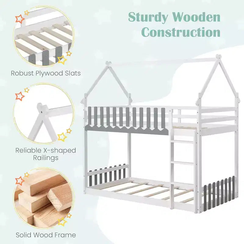 Letto a castello in legno massello con recinzione e scaletta, bianco, 79"A x 77.5"L x 47"P, per bambini