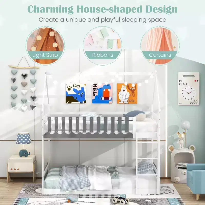 Letto a castello in legno massello con recinzione e scaletta, bianco, 79"A x 77.5"L x 47"P, per bambini