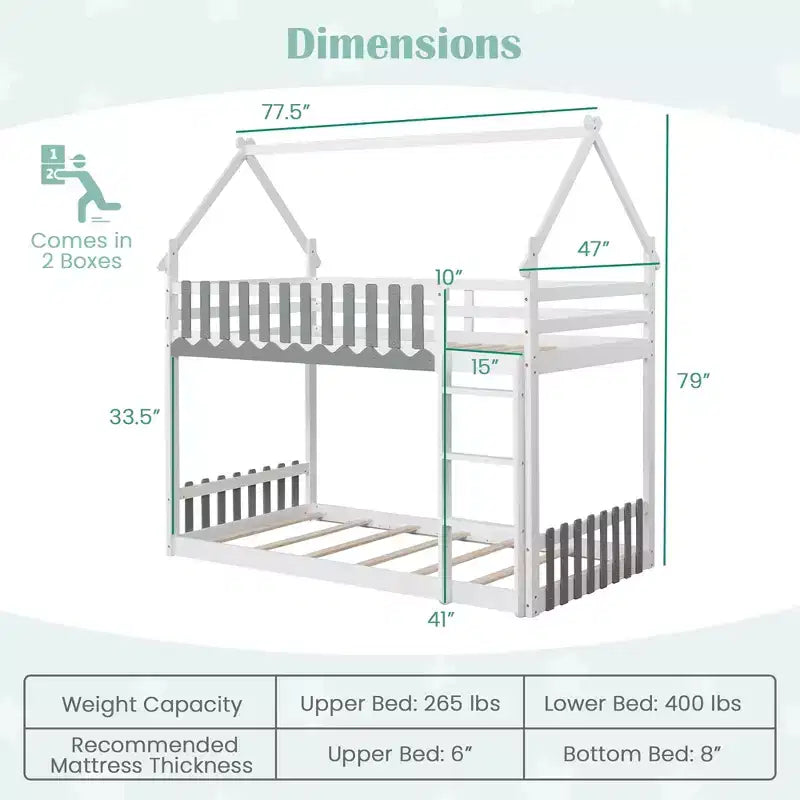 Letto a castello in legno massello con recinzione e scaletta, bianco, 79"A x 77.5"L x 47"P, per bambini