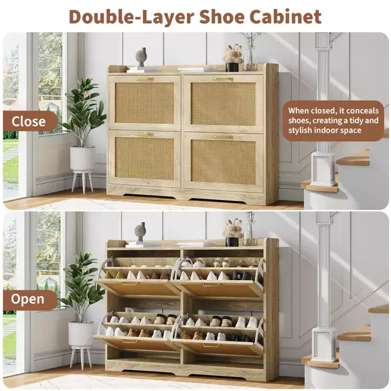 Ampia scarpiera in rattan con 4 cassetti a ribalta, design autoportante in legno e traspirante, 105 cm (L)