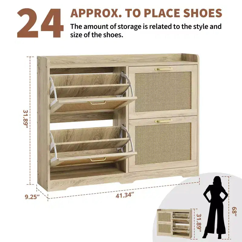 Ampia scarpiera in rattan con 4 cassetti a ribalta, design autoportante in legno e traspirante, 105 cm (L)
