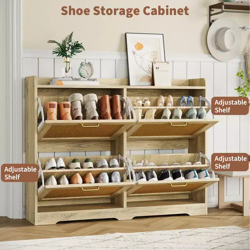 Ampia scarpiera in rattan con 4 cassetti a ribalta, design autoportante in legno e traspirante, 105 cm (L)
